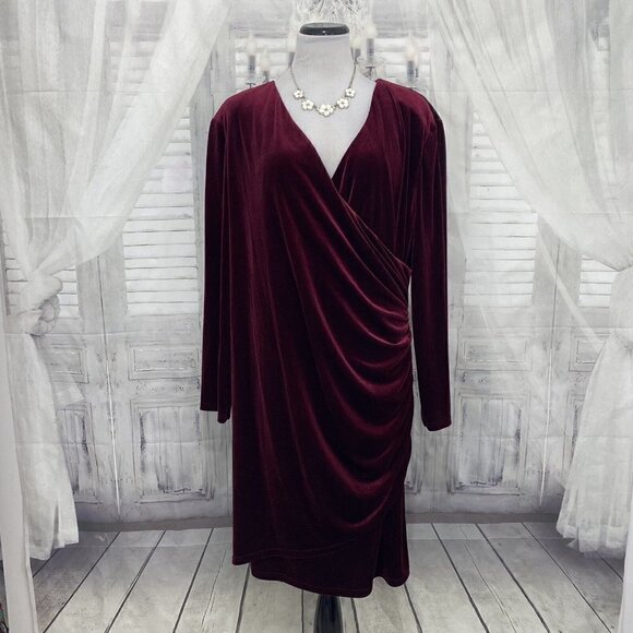 Alex Marie Plus Long Sleeve Mahogany Red Velvet Ruched Faux Wrap Dress Formal - Picture 2 of 11